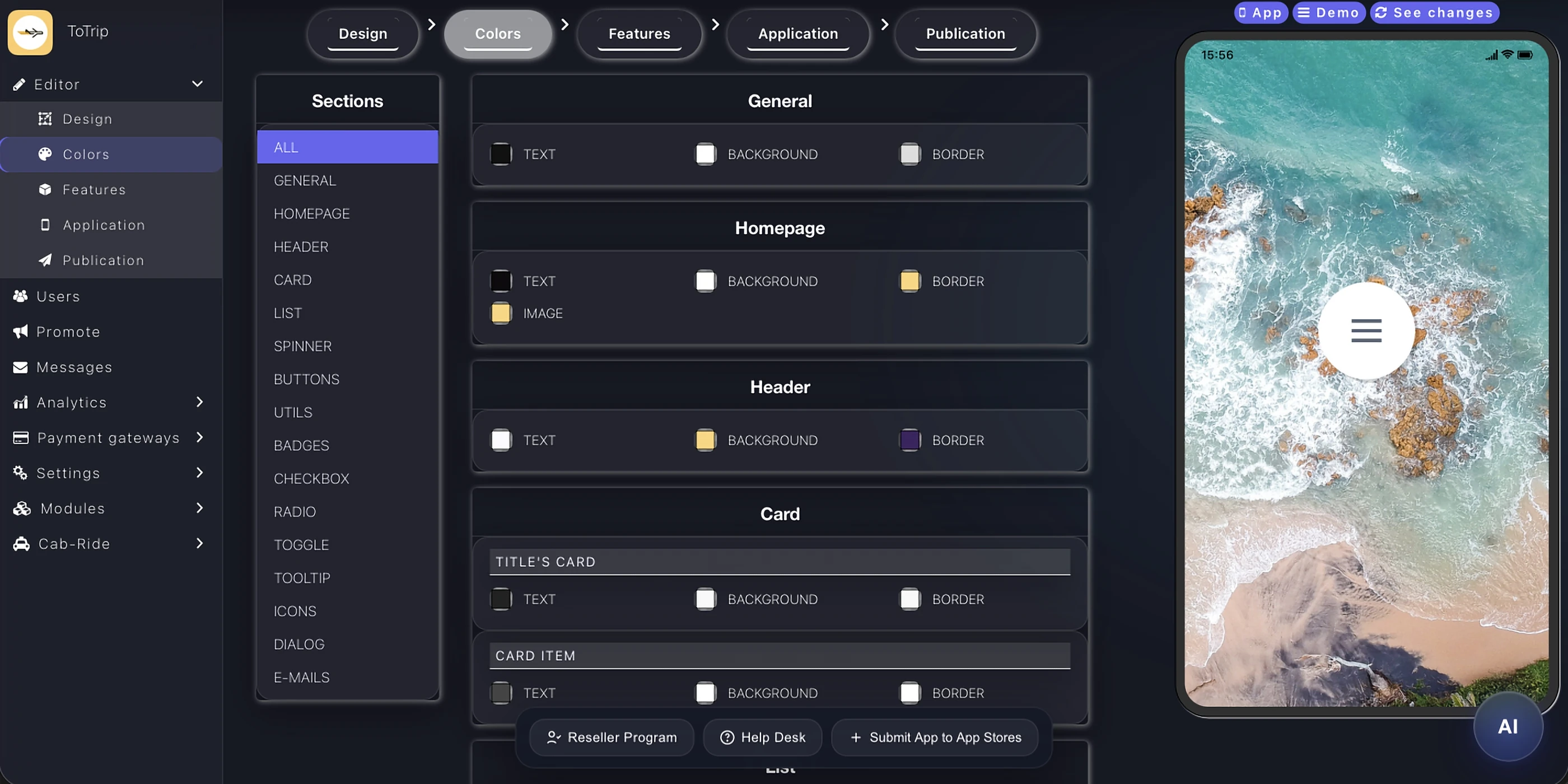 Éditeur de couleurs Appily pour personnaliser chaque section d'une application mobile