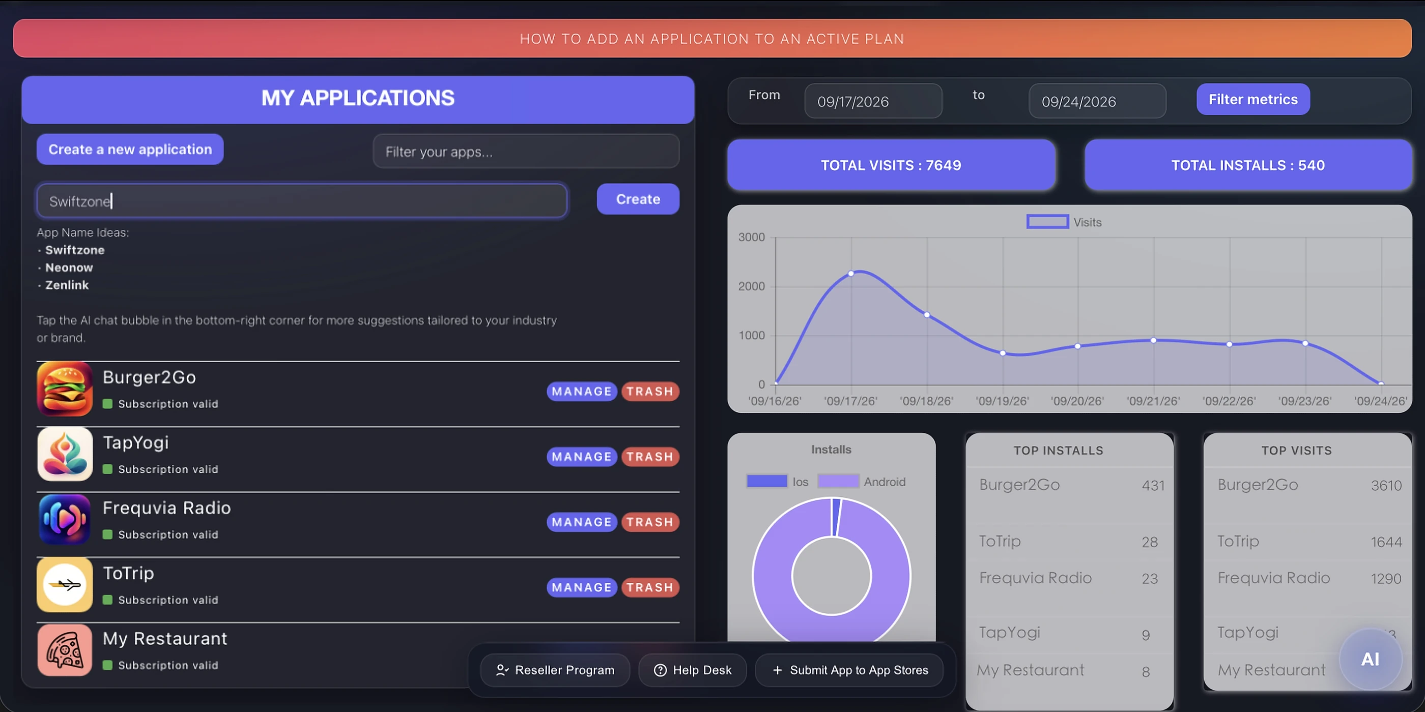 Tableau de bord Appily App Builder montrant toutes les applications, le nombre total de visites, d'installations et les meilleures applications