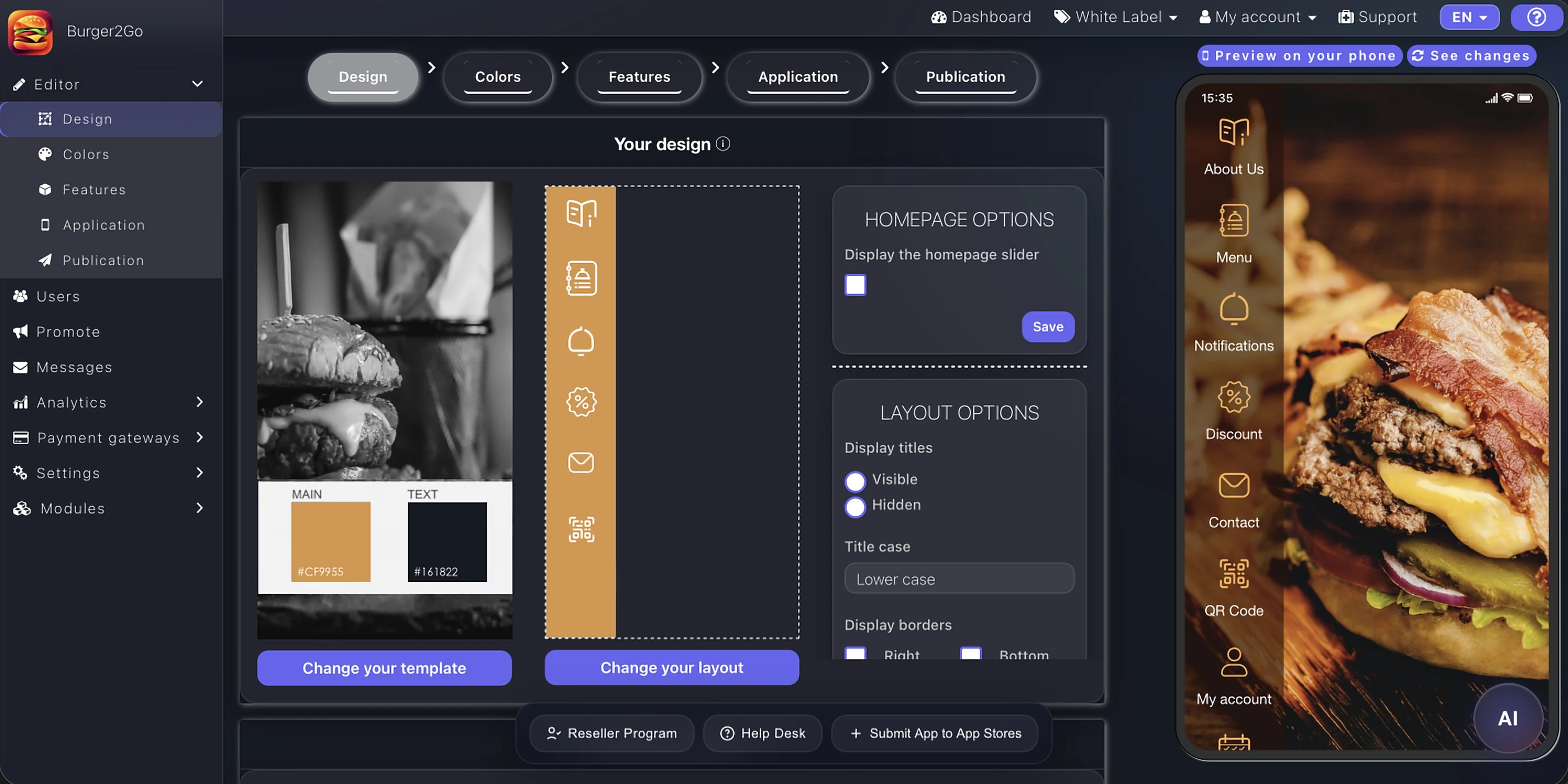 Éditeur de conception Appily avec modèle, options de mise en page et aperçu en direct de l'application iPhone