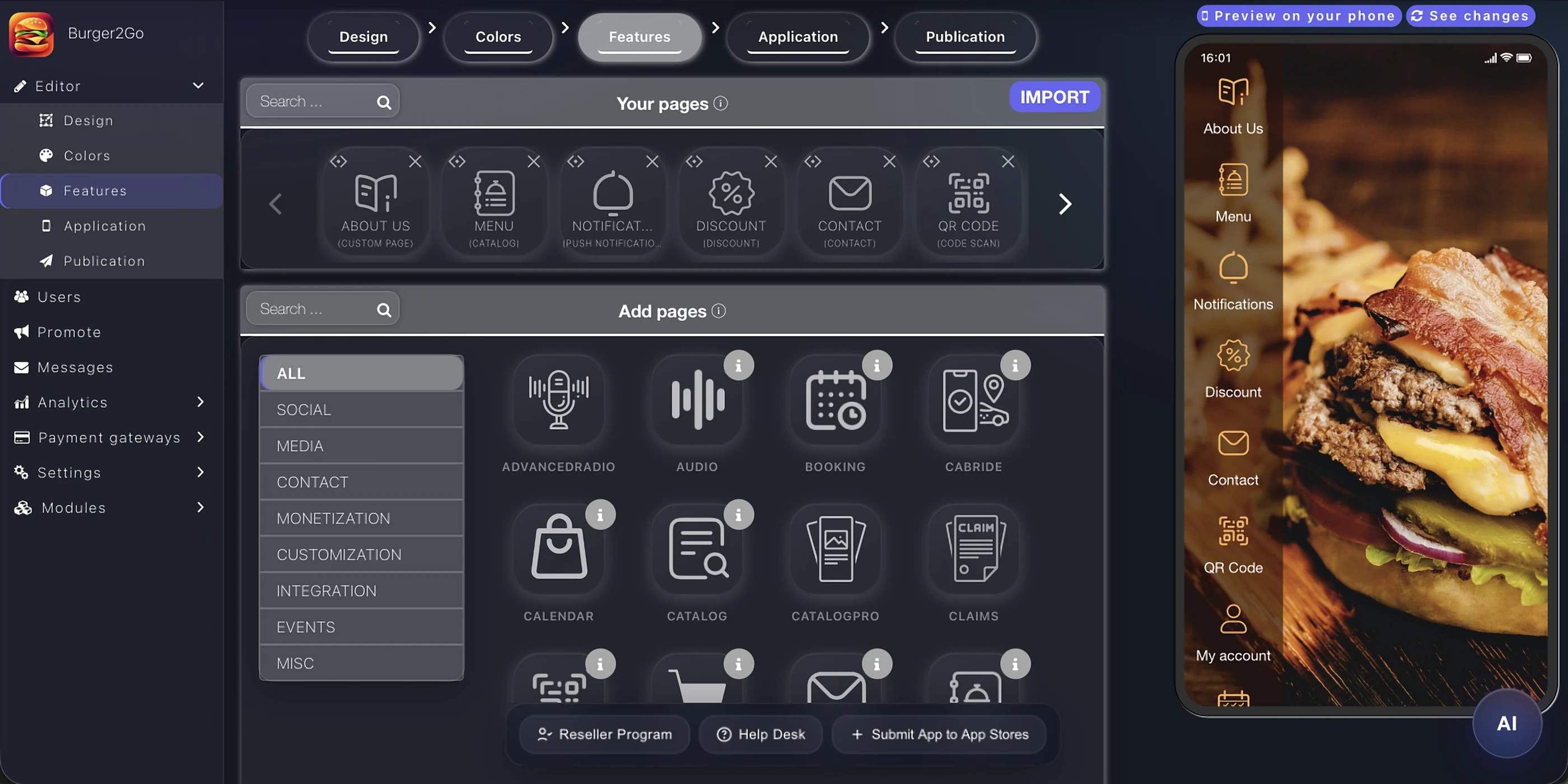 Éditeur de fonctionnalités Appily pour ajouter des pages comme réservation, audio, catalogue et notifications push